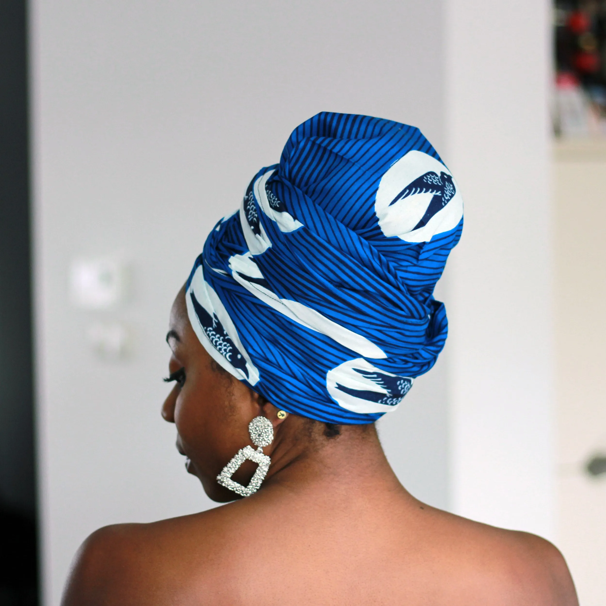 Foulard africain / Turban wax - Bleu / Blanc speedbird (Vlisco)