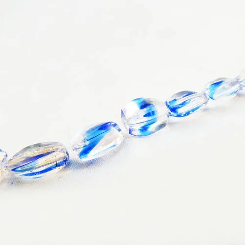 Pac115 - lot de 5 perles transparentes motifs intérieurs teintes de bleu en forme de pépite arrondie de 10x8x8mm.